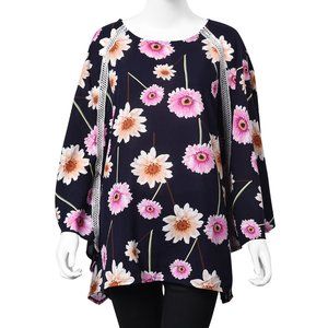 Floral Top Blouse with Lace Trim, XL one-size
